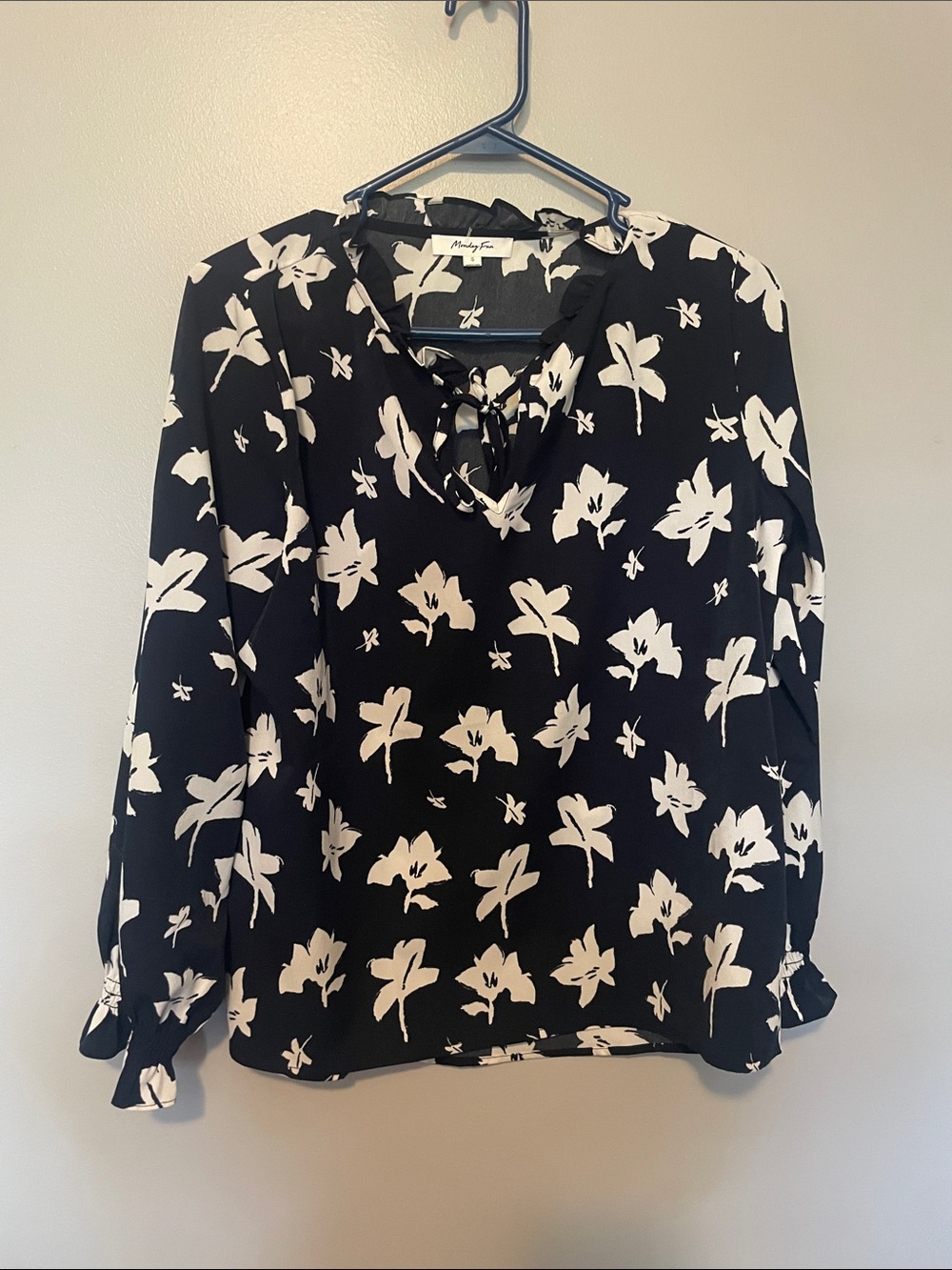Monday Fun Black and White Floral Tie-Front Blouse